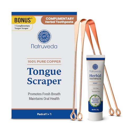 Image of Natruveda Copper Tongue Scraper - 2 Pack Pure Copper Tongue Cleaners for Adults & Kids | Ayurvedic Metal Tongue Cleaner | Includes 20g Herbal Neem Toothpaste | 30-Day Satisfaction Guarantee
