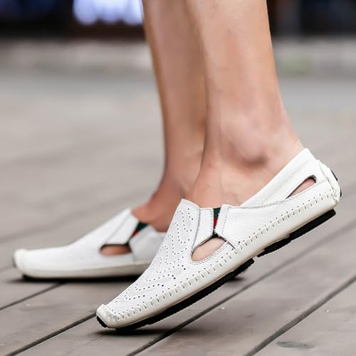 Image of Men's Breathable Summer Genuine Leather Sandal Perforated Casual Walking Driving Flats Shoes