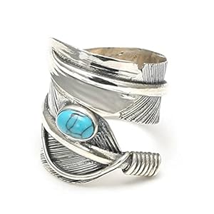 XXL Breiter Indianer Feder-Ring mit T&uuml;rkis-Edelstein, Wrap, 925 Silber | Schmuck-Silberringe