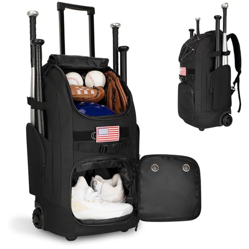 Rolling Baseball Bag with Wheels, 60L Capacity Wheeled Softball bag with Shoe Compartment for Youth...