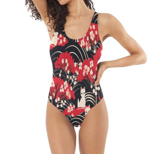 Maillot de bain une pièce chats blancs et fleurs rouges noir pour femmes et filles