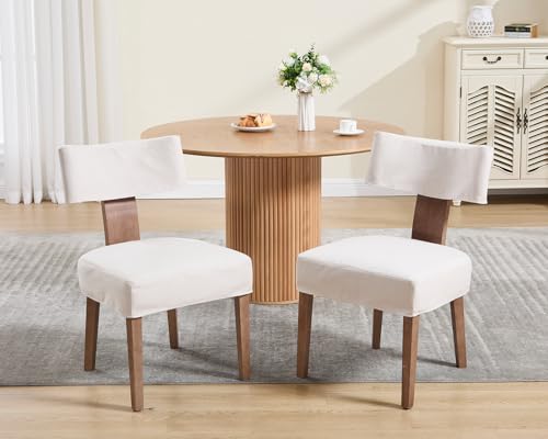Image of HNY Mid Century Modern Dining Chairs Set of 2 with Seat Covers, Farmhouse Linen Fabric Upholstered Accent Chairs Curved Backrest Kitchen Chairs, with Hardwood Frame, Beige