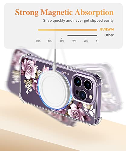 Gviewin For Iphone 14 Pro Max Case Compatible With Magsafe, [Screen Protector + Camera Lens Protector] [Mil-Grade Protection] Magnetic Floral Clear Shockproof Women Phone Cover(Cherry Blossoms/Purple) #TOP3