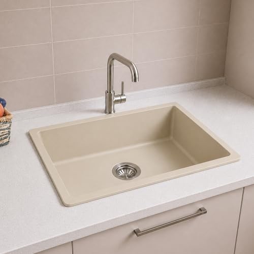 Image of Carissa By Carysil Titanium Max Plus Quartz Kitchen Sink 24 x 18 x 8 inches, Single Bowl Granite Sink with 80% Quartz & 20% Resin, Heat Resistant 300C, 50kg Load Bearing, Stain Resistant - Off White