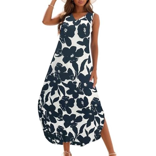Zilcremo Women's Summer Casual Loose Sundress Long Dress Sleeveless V Neck Split Tshirt Maxi Dresses Small Darkbluefloral