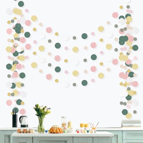 Image of Outus 5 Pieces Colorful Circle Garland Banner Hanging Paper Dot Decorations for Classroom, Birthday Party, Baby Shower, Wedding Backdrop & Photo Booth Graduation Decor (Sage Green,Pink,Gold)