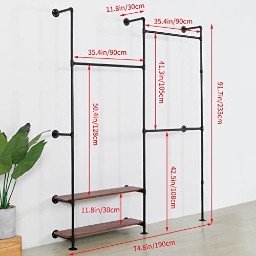Wall Mounted Industrial Pipe Clothing Rack Wood Garment Rack Hanging Clothes Rack Multi-purpose Heavy Duty Hanging Rod, Steampunk Clothes Rack Retail (91.7X74.8inch, Black)