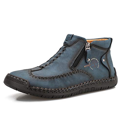 Dacomfy Mens Shoes Casual Loafers Slip On Driving Shoes Leather Ankle Boots Hand Stitching Flats Oxford Shoes… Blue