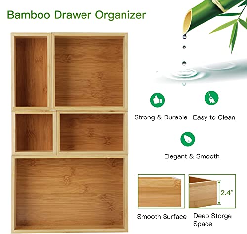 Pipishell 5-Piece Bamboo Drawer Organizer Set, Multi-Use Storage Box Set, Varied Sizes Junk Drawer Organizer For Office, Home, Kitchen, Bedroom, Bathroom #TOP1