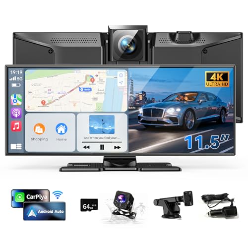 Kuayvan11.5 inch Wireless CarPlay Screen for Car, Touchscreen Car Stereo with A-pple&Android Auto,4K Dash Cam,Backup Camera,Bluetooth, Navigation,Voice Control,Mirror Link, for All Vehicles