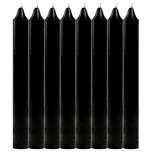 Pack de 8 Velas Cilíndricas de Parafina Pura y Mecha de Algodón, 17.5 cm - Larga Duración, Sin Perfume, Ideal para Decoración, Rituales y Eventos - Negro | Ya disponible en tu tienda friki favorita! En mundofriki.es!