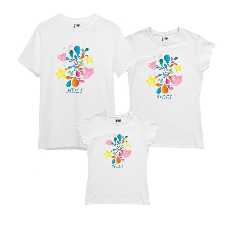 Bouncy ToonzFamily T Shirts for 3 4 - Husband Wife Matching Dress - Regular Fit Cotton Round Neck Half Sleeve (cus-holi3family-holi)