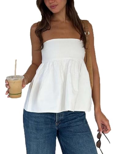 Women Strapless Peplum Top Y2k Floral Tube Tops Ruffle Hem Babydoll Summer Going Out Bandeau Top