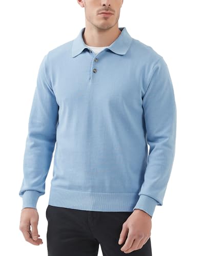 Image of Kallspin Mens 100% Cotton Polo Sweater Long Sleeve Button Down Knit Pullover Relaxed Fit Collared Casual Tops