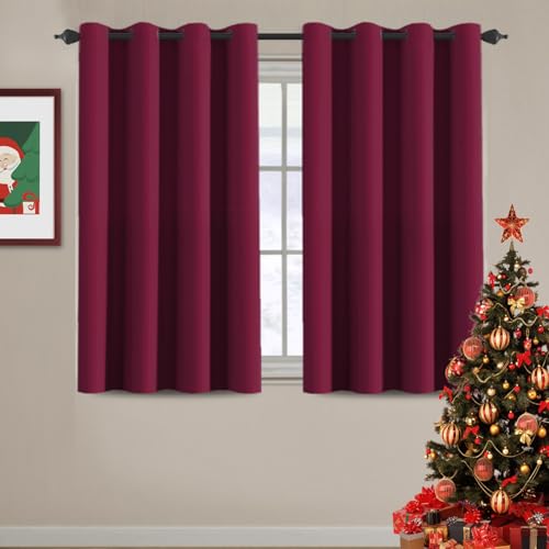 Image of H.VERSAILTEX Blackout Curtains for Christmas Small Window Kitchen Blackout Curtains 45 inch Length Energy Saving Solid Grommet Blackout Drape, One Panel, Burgundy Red, 52 inch W x 45 inch L