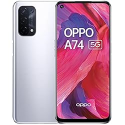 OPPO A74 5G - 6GB RAM y 128GB + almacenamiento extensible SIM Free Smartphone (pantalla de 6,5 pies, batería de 5000 mAh, cámara cuádruple de 48 MP) - Space Silver