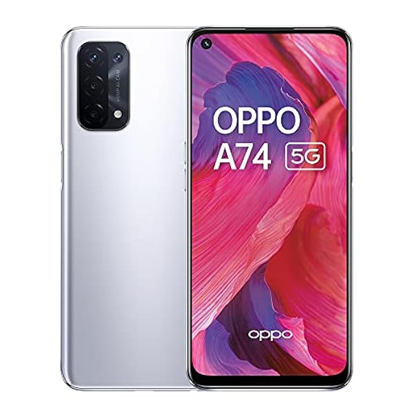 OPPO A74 5G - 6GB RAM y 128GB almacenamiento extensible SIM Free Smartphone (pantalla de 6,5 pies, batería de 5000 mAh, cámara cuádruple de 48 MP, velocidad de actualización de 90 Hz) - Space Silver