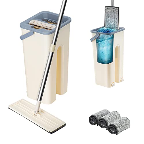Supernic Mop and Bucket Set, 360° Flat Squeeze Microfiber Mop and Bucket with 3 Replacement Machine Washable Microfibre Mop Pads, Floor Mop Home Floor Tiles Cleaning Wet Dry Cleaning Buckets