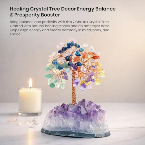 Image of Crocon 7 Chakra Crystals Tree of Life with Amethyst Cluster Base, Gift for Women Men Birthday Gifts MoM, Money Tree Feng Shui Good Luck Healing Crystals Home Decor Crystals and Healing Stones
