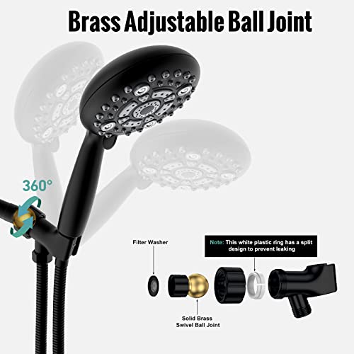 Handheld Shower Head, Sr Sun Rise 6-Settings 4.8 Inches High Pressure Shower Head With 1.8 Meter/70.8 Inch Long 304 Stainless Steel Shower Hose And Shower Arm Mount With Brass Ball Joint, Matte Black #TOP4