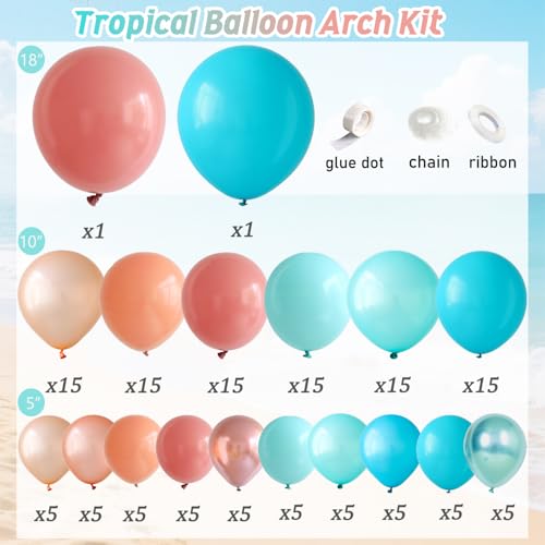 Image of Hawaiian Tropical Balloon Garland Arch Kit,Coral Beach Birthday Decorations | Pearl Aqua Blue Teal Blue Coral Blush Pink Pearl Champagne Gold Balloons for Summer Pool Luau Magic Theme Party Decor