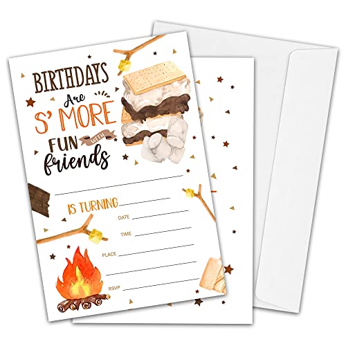 S'mores Birthday Party Invitations for Boys or Girls, S'more Bonfire Birthday Parties Supplies Decorations, Backyard Camping Theme Fill-in Invites, 4
