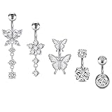 Incaton 14G Belly Button Rings, Stainless Steel Diamond Belly Rings For Women, Dangle Belly Button Rings With Butterfly, 6mm Short Bar Navel Piercings Silver 6mm