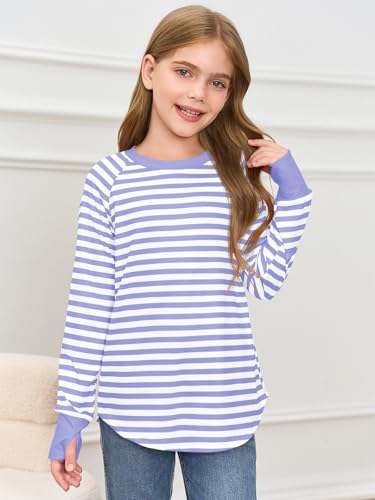 Image of Haloumoning Girls Striped Long Sleeve Shirts 5-14 Years | Thumb Hole, Crewneck, girls tops,Tunic Tops, Curved Hem Tees