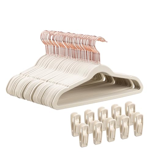 Image of Tonswachic Child Velvet Hangers 50 Pack - 14 Inch Premium Felt Non Slip Kids Hanger for Infant & Toddler Clothes - 0.2" Slim Space-Saving Kids Felt Hangers for Children's Closet with 10 Clips - Beige