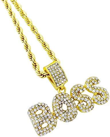 CZ Diamond Bubble Word BOSS Gold Pendant with 24" Rope Chain