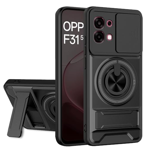 Image of AESTMO Oppo F31 / F33 5G Back Cover | Armor Camera Slider 360 Degree Rotating Finger Ring Holder Case with Bracket Stand Back Case Cover (Compatible with MagSafe Accessories) (Black)