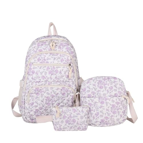 Coquette Backpack - Cute Kawaii Backpack Set 3 Pcs Floral Quilted Daypack with Small Crossbody Bag (Purple)