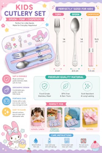 Image of Kids Cutlery Set with Box | Stainless Steel Spoon /Fork /Chopsticks | BPA-Free Food Grade Portable Lunch Utensils for School, Travel, Picnic & Camping