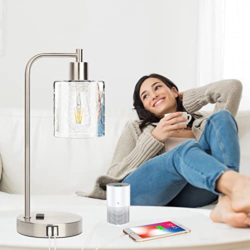 Industrial Touch Control Table Lamps Set Of 2 - Brushed Nickel Nightstand Bedside Lamps With 2 Usb Ports & Ac Outlet, 3-Way Dimmable Desk Lamp For Bedroom Living Room, Glass Shade & Led Bulbs Included #TOP7