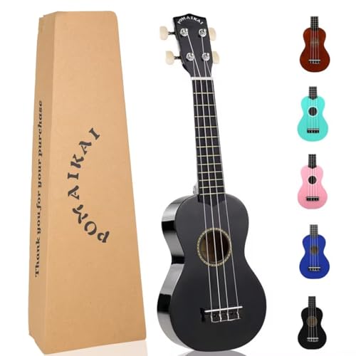 POMAIKAI Ukulele Musical Instruments Starter Wood Soprano Ukele Hawaiian Small Guitar Ukelele 21″ Beginner Adult and Students (Black)