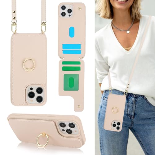 Image of for iPhone 13 Pro Max /iPhone 12 Pro Max Case with Card Holder for Women,Crossbody Strap Lanyard,Credit Card Holder,Ring Stand,Snap Clasp,Wallet Case 6.7 inch (Beige)