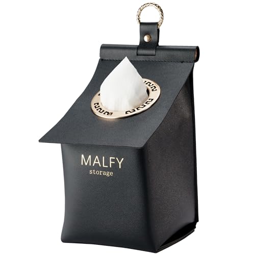 【MALFY】ティッシュケース 吊り下げ おしゃれ 車 PUレザー ティッシュカバー 壁掛け マスク キッチンペーパー おしり拭き 折りたたみ式ロール収納ボックス (ブラック)