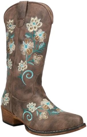 ROPER Womens Riley Floral Embroidery Snip Toe Casual Boots Mid Calf Low Heel 1-2" - Brown - Size 7.5 M | Image 1