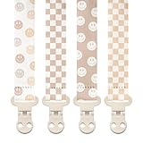 Stadela Baby Pacifier Clip Holder - Girl or Boy Unisex 4 Pack Gift Set - Retro Checker and Smiley Faces Design