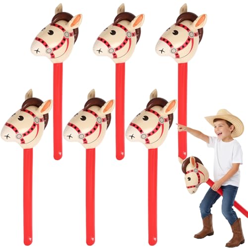 6 Pcs Inflatable Horse Head Balloons 37 Inch Beige Inflatable Horse Stick Balloons Pony Stick Blow up Balloon for Western Cowboy Baby Shower Birthday Party Decorations (Beige-6 Pcs)