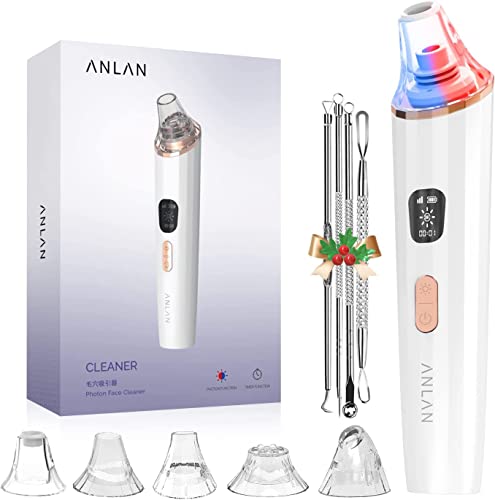 ANLAN Succionador de puntos negros, Limpiador de Poros Eléctrico, LED Terapía, IPX5 Impermeable, 5 cabezales reemposables y herramientos estractor quita puntos negros y eapinillas