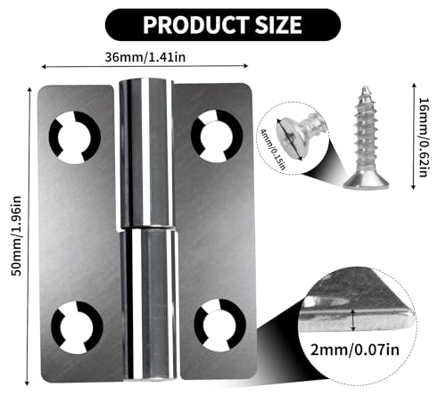 Anstore Zawias do drzwi 50 x 36 x 2 mm, zdejmowany zawias z 32 śrubami 16 x 4 mm, 8 szt. zawias ze stali nierdzewnej, do drzwi wewnętrznych i zewnętrznych, do drzwi, okien, szafek (4 lewy + 4 prawy)