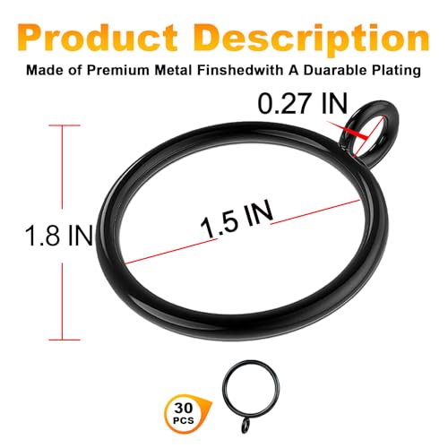 Black Curtain Rings with Eyelets, Metal Drapery Rings for Up to 1 1/4 Inch Curtain Rod (1.5 Inch Rings), 30 PCS