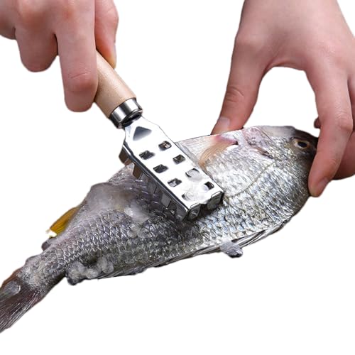 Generisch Espátula para escamas de pescado de acero inoxidable, rascador de cocina de metal con mango de madera para barbacoa, cocina, camping, restaurante, hogar
