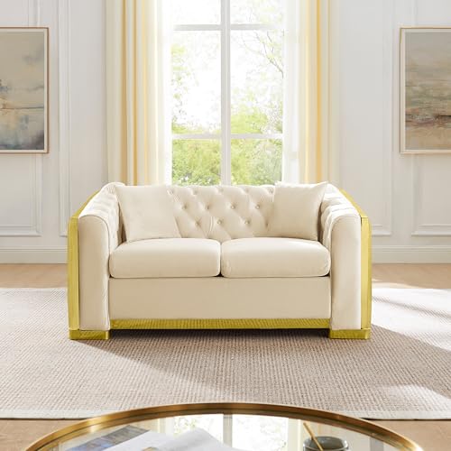 Image of KEIKI 62 inch Luxury Oversized Velvet Chesterfield Sofa with 2 Pillow & Gold Stainless Decoration, Italian Modern Style 2-Seater Button Tufted Couch with Rolled Arms, Easy Assembly, for Living Room, Beige