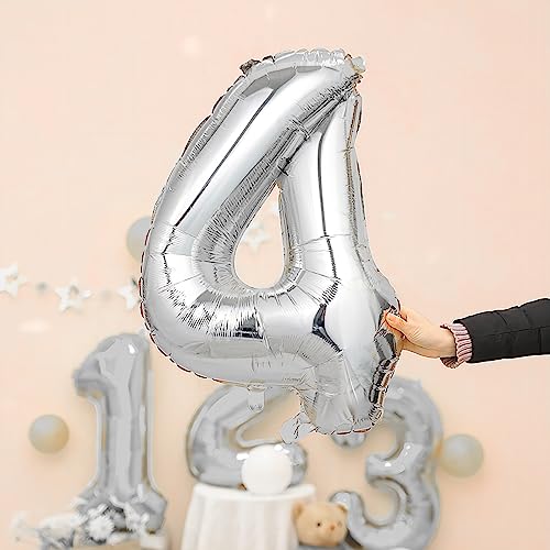 Image of 40 Inch Silver Number Balloons, Helium Mylar Foil Number Balloons for Birthdays, Number 4 Balloon for Party Wedding Bachelorette Birthday Bridal Shower Graduation Anniversary Celebration Party Decorations Supplies