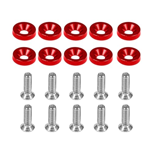 FALVFUN Car Fender Washer and Bolt Kit, 20PCS Aluminium Alloy and Stainless Steel Vehicle Engine Bay Bumper Dress-Up Fasteners Kit, Automotive Fastening Washer Bolt, Universal Fit (Red)