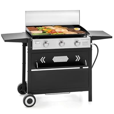 GREEN PARTY 27 inch BBQ Propane Gas Griddle, Freestanding/Tabletop Flat Top Griddle w/Ceramic Coated Cast Iron Pan, 3 Burner Lift-Off Griddle Station for Outdoor Cooking Camping Tailgating Barbecue