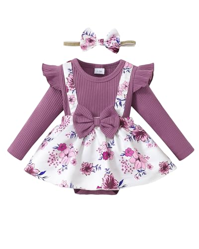 Image of HIGHUZZA Baby Girl Winter Clothes Toddler Girl Spring Outfit Long Sleeve Ruffle Romper Suspender Skirt Headband Set
