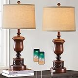 Rustic Farmhouse Table Lamps Set of 2 for Living Room Traditional Vintage Bedside Lamps with 2 USB C